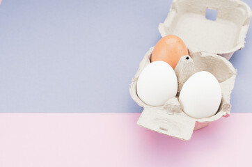 Wall Mural - High angle shot of organic fresh eggs on a tray isolated on pink and blue background