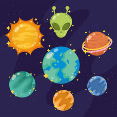 Wall Mural - space galaxy astronomy in cartoon style set icons planet alien sun