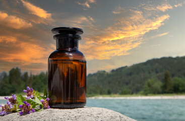 Wall Mural - Pharmacy bottle and flowers on nature background, sunset. Bach Flower Stock Remedy Bottle - Alternative Medicine, concept.