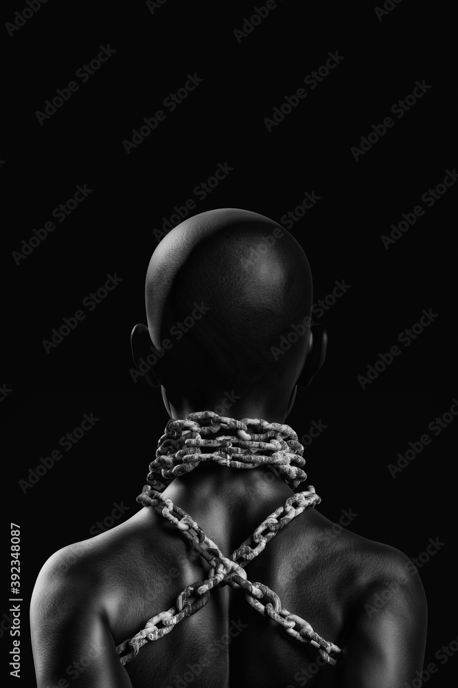 Female afro american slave with heavy chain around her neck - obrazy, fototapety, plakaty 
