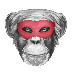 Wall Mural - Portrait of Monkey with a carnival mask. Hand-drawn illustration.