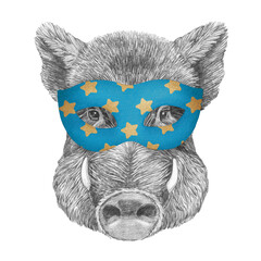 Wall Mural - Portrait of Boar with a carnival mask. Hand-drawn illustration.