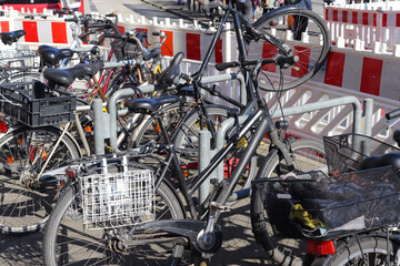 Sticker - KIEL, GERMANY - Nov 03, 2020: Lots of bicycles at an urban parking space in the city of Kiel Germany