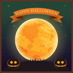 Poster Halloween Day , silhouette pumpkin lantern on grass under moon and star on night sky , vector illustration , banner text