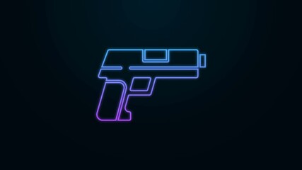 Canvas Print - Glowing neon line Pistol or gun icon isolated on black background. Police or military handgun. Small firearm. 4K Video motion graphic animation