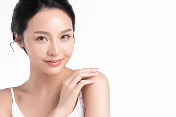 Beautiful young asian woman with clean fresh skin on white background, Face care, Facial treatment, Cosmetology, beauty and spa, Asian women portrait