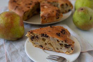 home made vanilla cake with chocolate chips and pears