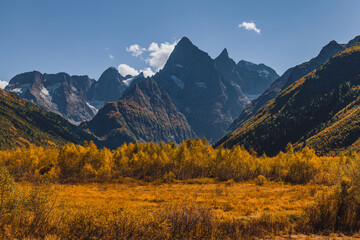 Autumn in mountain. Valley in Caucasus mountain.