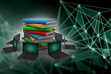 3d rendering students education book with computer network
