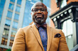 © Mocha Stock - Portrait of confident African American businessman in glasses and tan blazer.