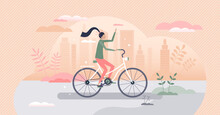 Girl Riding Bike As Urban Cycling Transportation Scene Tiny Person Concept
