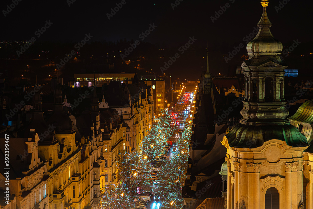 Old Town square with christmas illuminated. View from above on traditional Christmas market at Old Town Square illuminated and decorated for holidays in Prague, Czech Republic. - obrazy, fototapety, plakaty 