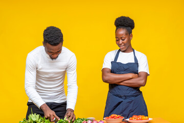 african couple cooking together, the woman watching as the man slices some vegetable