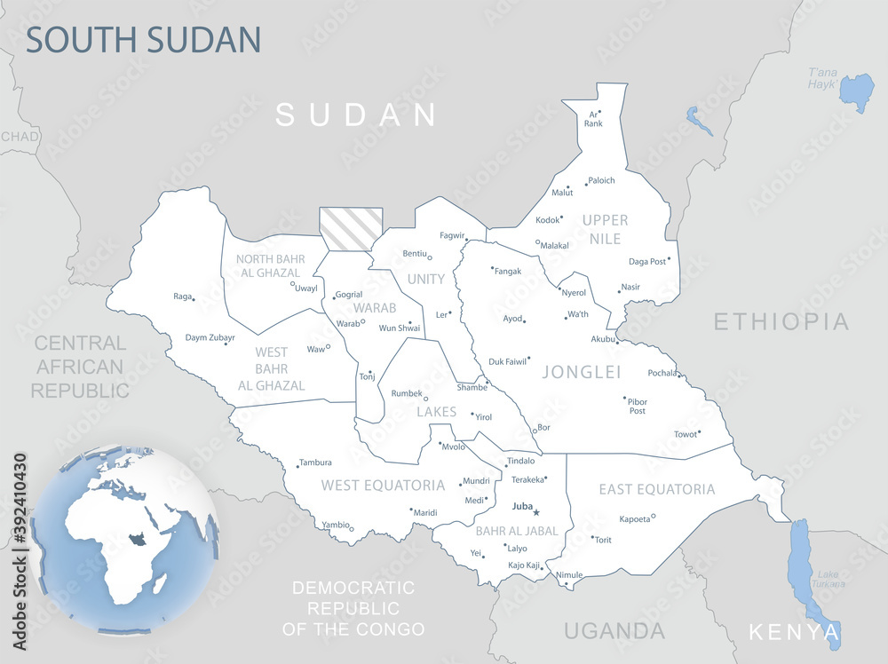 Blue-gray detailed map of South Sudan administrative divisions and location on the globe.
