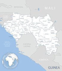  Blue-gray detailed map of Guinea administrative divisions and location on the globe. Vector illustration