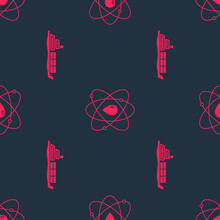Set Oil Tanker Ship And Atom On Seamless Pattern. Vector.