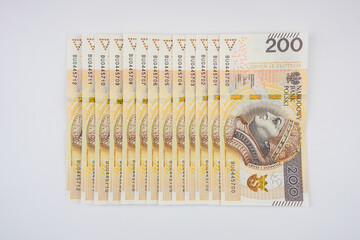 Wall Mural - Top view of lots of 200 zloty bills isolated on a white background