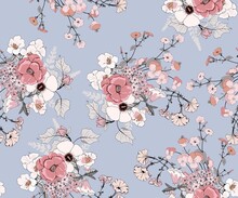 Floral Seamless Pattern For Wallpaper And Fabric. Petunia, Lupines, Hydrangea, Camellia In Gray And Pink Colors.