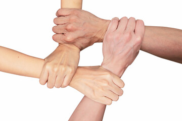 People of teamwork join hands together isolated white background. teamwork concept