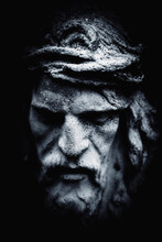 Ancient Statue Jesus Christ In A Crown Of Thorns. Close Up.