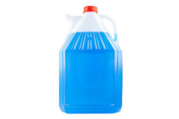 Winter blue windshield washer fluid in a five liter bottle, closed with a red cap, isolated on a white background with a clipping path.