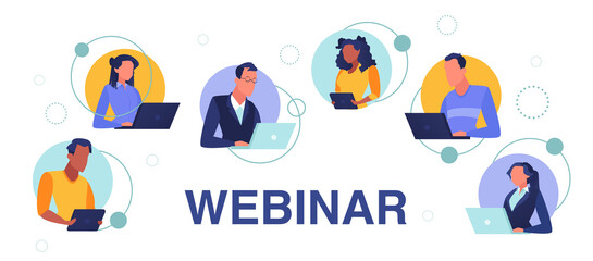 Vector of young people using laptops working remotely online from home.