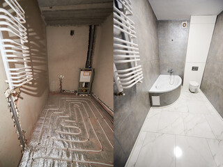 Wall Mural - Comparison of bathroom in apartment before and after renovation. Interior of a modern bathroom in grey tones, white tiles on warm floor and ladder radiator on wall vs empty unfinished walls