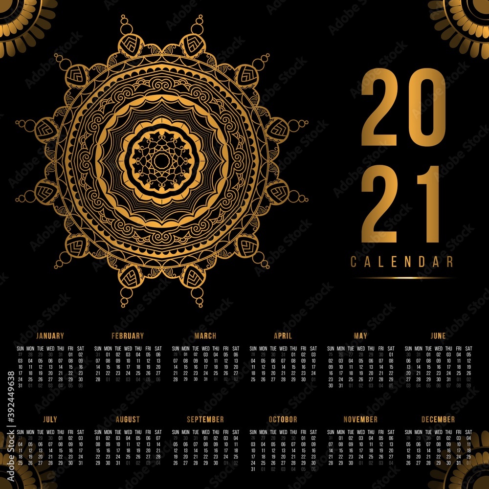 Calendar 2020 elegant gold text with ornamental mandala. 3d new year ...