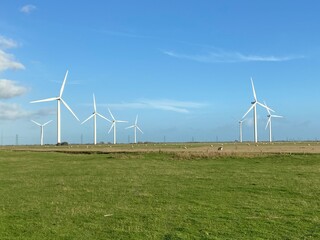 Wind farm turbines that produce electricity energy. Windmill Wind power technology productions Wind turbines standing in green field - stock footage