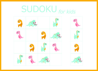Naklejka na meble sudoku for kids with dinosaurs. Sudoku. Children's puzzles. Educational game for children. colored dinosaurs