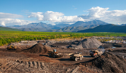 Wall Mural -     Dump truck and wheel loader in operation. Mining.
  A wheel loader loads mountain soil into the body of a dump truck.
