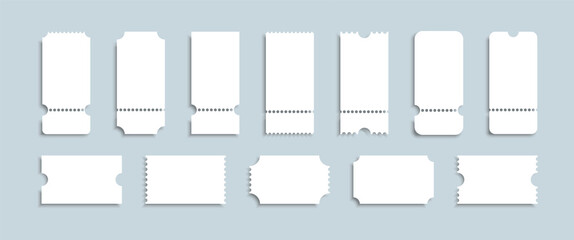 Blank tickets set. Realistic white mockup ticket for concert, boarding, lottery, movie and coupon.