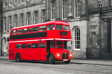  Classic Old Red Double Decker Bus In Street Of Edinburgh, Scotland