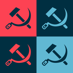 Sticker - Pop art Hammer and sickle USSR icon isolated on color background. Symbol Soviet Union. Vector.