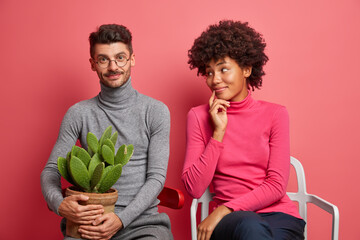 Pleased dark skinned Afro American woman has talk with husband who sits near at chair holds cactus spend weekend together isolated over pink background. Interracial family at home. Horizontal shot