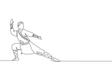 One Single Line Drawing Young Energetic Shaolin Monk Man Exercise Kung Fu Fighting At Temple Vector Graphic Illustration. Ancient Chinese Martial Art Sport Concept. Modern Continuous Line Draw Design