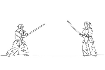 Wall Mural - Single continuous line drawing of young sportive man practicing kendo basic skill, stance before fight on gym sport center. Fighting sport concept. Trendy one line draw design vector illustration
