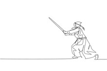 One Continuous Line Drawing Young Sporty Man Training Kendo Defense Move Skill In Dojo Center. Healthy Fighting Martial Art Sport Concept. Dynamic Single Line Draw Design Graphic Vector Illustration