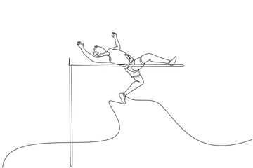 Wall Mural - One single line drawing of young energetic man success to pass the bar on high jump match vector illustration. Healthy athletic sport concept. Competition event. Modern continuous line draw design
