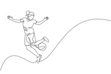 One Single Line Drawing Young Happy Woman Perform Soccer Freestyle, Juggling Ball At The City Square Vector Illustration Graphic. Football Freestyler Sport Concept. Modern Continuous Line Draw Design
