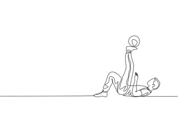 Wall Mural - One continuous line drawing of young sporty man soccer freestyler practice hold the ball with toe in the street. Football freestyle sport concept. Dynamic single line draw design vector illustration