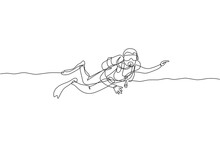 Single Continuous Line Drawing Of Young Sportive Man Swimming On Sea Ocean To Explore Fish And Coral Reef Life. Underwater Scuba Diving Sport Concept. Trendy One Line Draw Design Vector Illustration