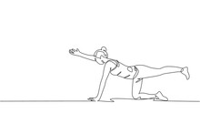One Continuous Line Drawing Of Young Sporty Woman Working Out Pilates Push Up In Fitness Gym Club Center. Healthy Fitness Sport Concept. Dynamic Single Line Draw Graphic Design Vector Illustration