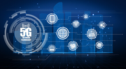 3D illustration international communication and advanced internet network connect in smart city . Concept of international 5G wireless digital connection and internet of things future.
