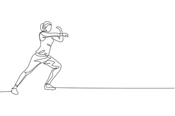 Wall Mural - One continuous line drawing of young sporty woman work stretching out and warming up in fitness gym club center. Healthy fitness sport concept. Dynamic single line draw design vector illustration