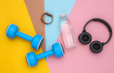 Fototapeta Sypialnia - Flat lay composition sports and fitness accessories on colorful background. Ready for training. Top view