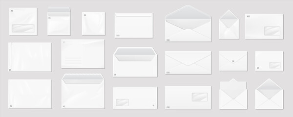 White envelope. Realistic mail mockup. Blank paper correspondence package for corporate branding and advertising. Open and close letters with size marking and place for address. Vector postage set