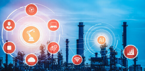 Poster - Industry 4.0 technology concept - Smart factory for fourth industrial revolution with icon graphic showing automation system by using robots and automated machinery controlled via internet network .