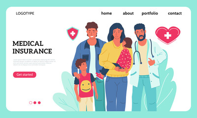 Aufkleber - Medical insurance landing page. Clinical accident prevention service website interface with buttons, header and text, place for logo. Online consultation and patient appointment. Vector health care