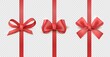 © SpicyTruffel - Red ribbon bows. Vertical silk ribbon with decorative bow gift decoration collection. Realistic festive tape for birthday and christmas presents wrapping vector isolated on transparent background set